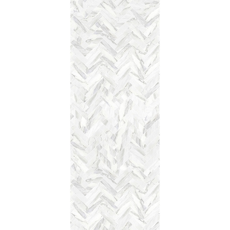 Carrara marble herringbone tiles white joints. Matte Vinyl. 95x250cm
