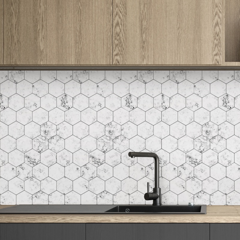 Marble hexagonal tiles. Matte Vinyl. 95x205cm