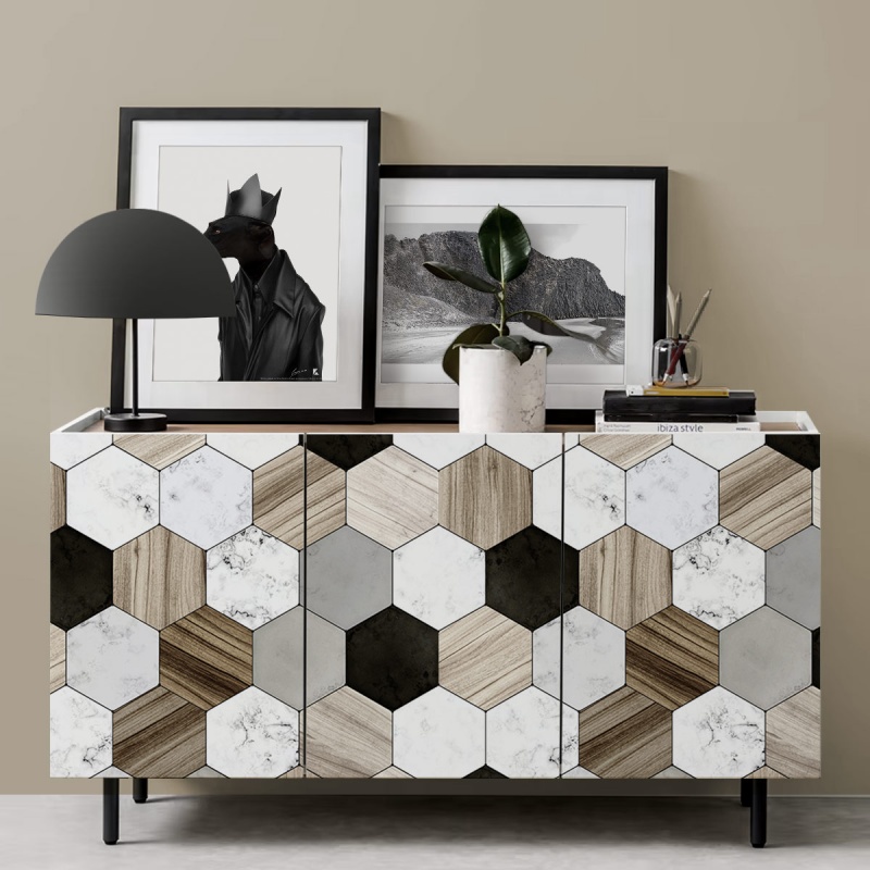 Wood, marble, stone and ceramic Hexagonal Tiles. Matte Vinyl. 95x120cm