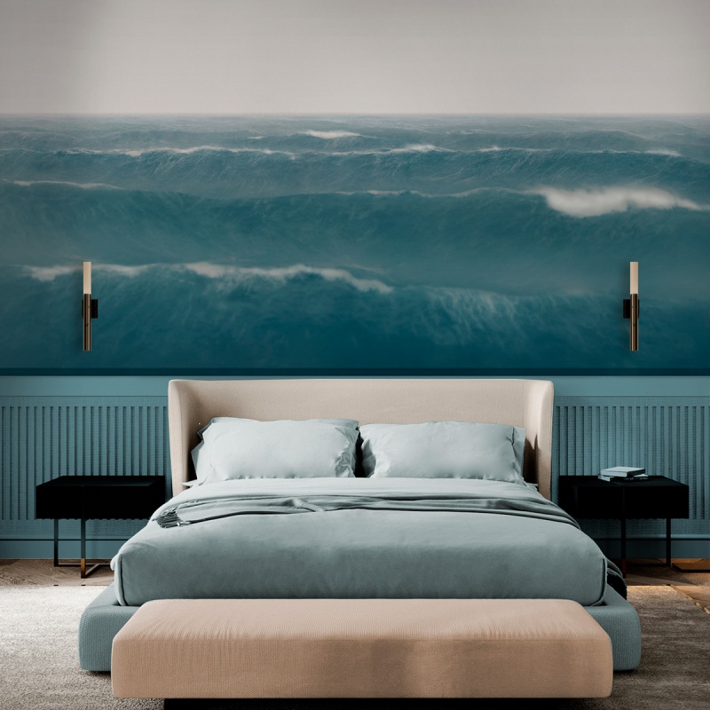 Taifu mural in eco-friendly PVC-free wallpapers for bedroom, is a deep blue ocean with a light gray sky. lokoloko