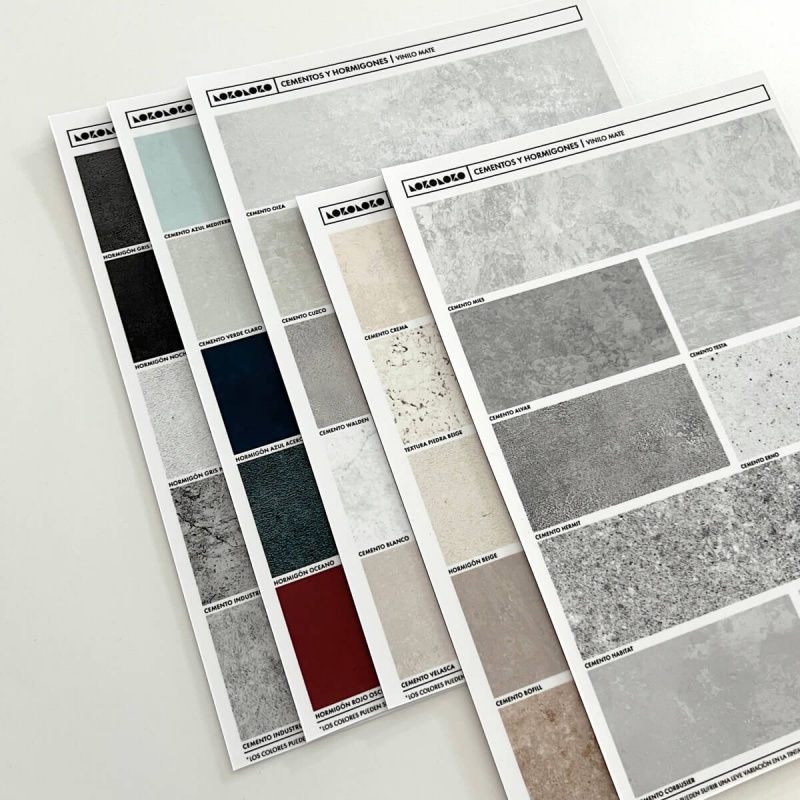 Matte exterior washable vinyl sampler for furniture and walls. Designs of cement, concrete and stones.