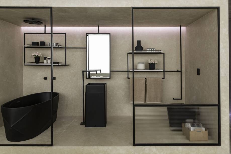 Muebles-y-cristales-de-bano-envueltos-en-una-estructura-de-linea-negra-decoracion